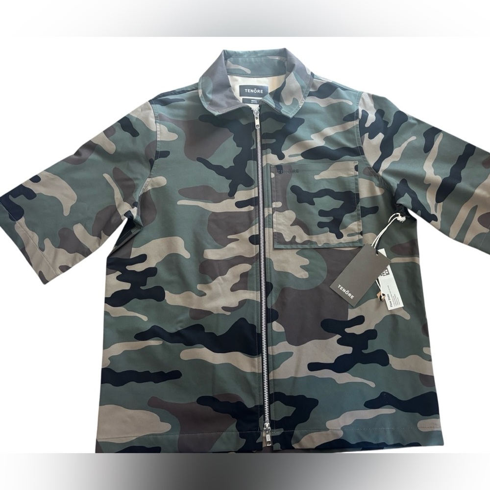 NWT TENORE Ladies SERVICE ZIP Oversized Short Sleeve Shirt Camo size S Surf Sand
